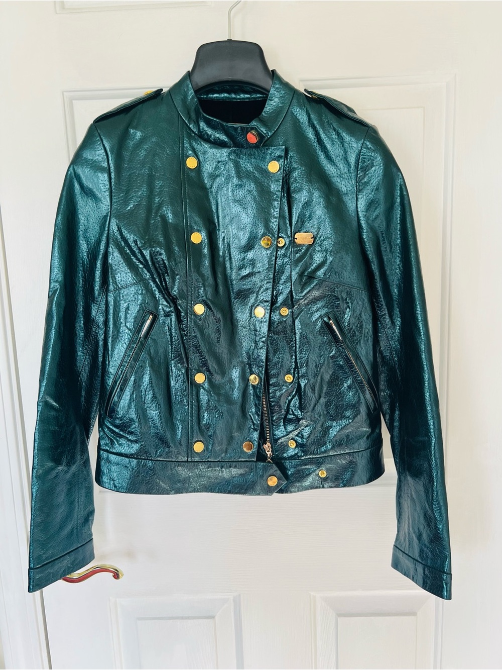 Italian Leather Metallic Teal Women's Moto Jacket with Gold Hardware